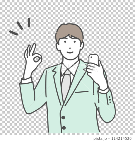 スマホを持ち笑顔でオーケーサインをするスーツ姿の若い男性のイラスト、白バック、白背景、背景なし 114214520