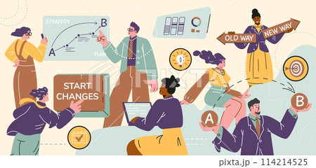 Business people project managers analysis and makes decisions vector flat illustration, change management, improvement 114214525