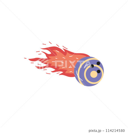 A dynamic illustration of a bowling ball with a flaming tail. 114214580