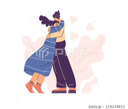 Couple of sad woman and man hugging to support each other in grief, vector cartoon people embracing, empathy, compassion Couple of sad woman and man hugging to support each other in grief, vector cartoon people embracing, empathy, compassion 114214613