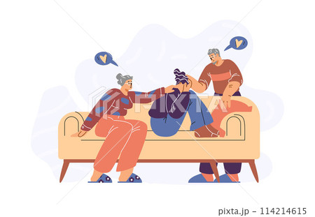 A vector illustration showing a moment of empathy and support for elderly parents to their young daughter A vector illustration showing a moment of empathy and support for elderly parents to their young daughter 114214615