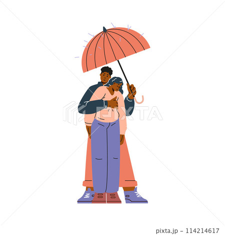 Couple of sad woman and man hugging to support each, standing under umbrella in rain flat vector, empathy and compassion 114214617