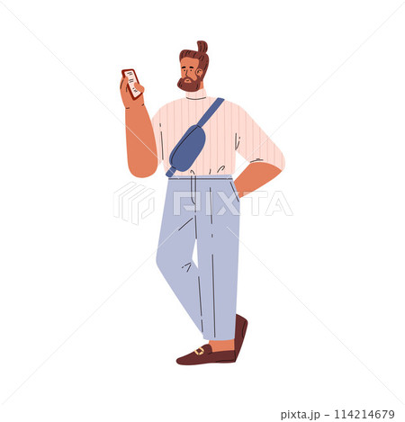 Young man standing and looking at smartphone, check list, vector female using mobile gadget, smart technologies device Young man standing and looking at smartphone, check list, vector female using mobile gadget, smart technologies device 114214679