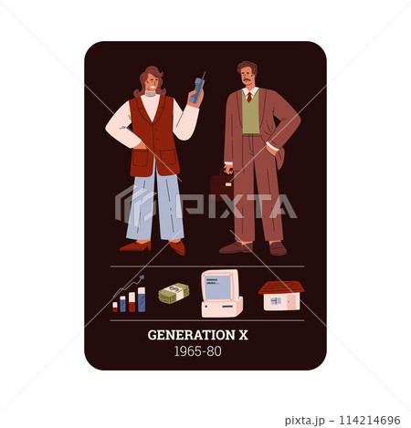 People Generation X 1965-80 social development vector information card design, retro man and woman character, symbols 114214696