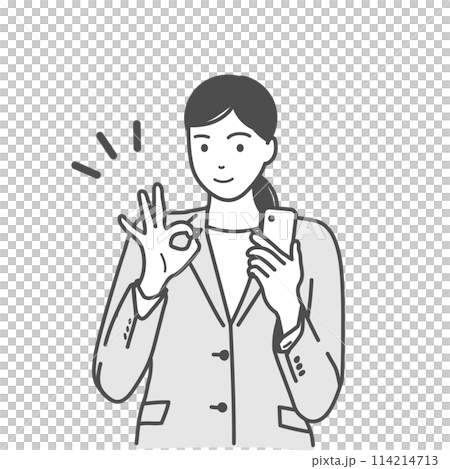 スマホを片手に持ちオーケーポーズをするスーツ姿の笑顔の女性のイラスト　モノクロ、白バック、背景なし 114214713