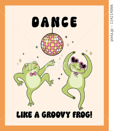 Groovy Disco Frog Dancing with disco ball Trendy Retro Minimal drawing 114214866