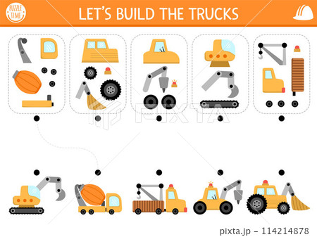 Construction site matching and logical activity with special technics and its components. Assemble the truck from its spare parts puzzle. Match the parts and whole object game, printable worksheet Construction site matching and logical activity with special technics and its components. Assemble the truck from its spare parts puzzle. Match the parts and whole object game, printable worksheet 114214878