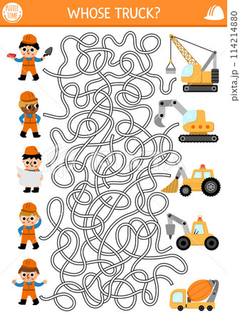 Construction site maze for kids with workers and their trucks. Building works preschool printable activity, labyrinth game, puzzle with excavator, tractor, concrete mixer, bulldozer and builders Construction site maze for kids with workers and their trucks. Building works preschool printable activity, labyrinth game, puzzle with excavator, tractor, concrete mixer, bulldozer and builders 114214880