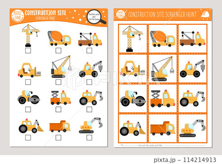 Vector construction site scavenger hunt cards set. Seek and find game with cute cars, trucks for kids. Special transport searching activity. Simple educational printable worksheet with vehicles Vector construction site scavenger hunt cards set. Seek and find game with cute cars, trucks for kids. Special transport searching activity. Simple educational printable worksheet with vehicles 114214913