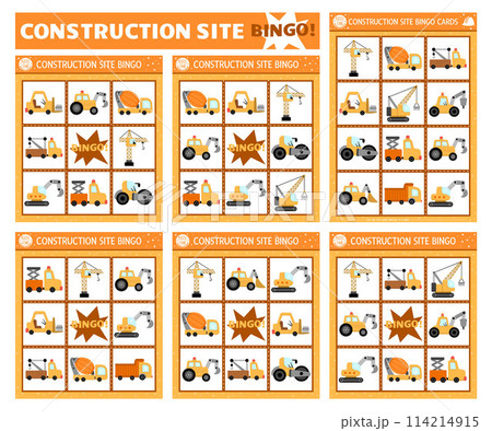Vector construction site bingo cards set. Fun family lotto board game with cute cars, trucks for kids. Special transport lottery activity. Simple educational printable worksheet with vehicles 114214915