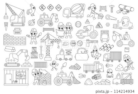 Black and white vector construction site and road work set. Building line icons collection with funny kid builders, transport, bulldozer, tractor, truck, crane. Cute repair service coloring page Black and white vector construction site and road work set. Building line icons collection with funny kid builders, transport, bulldozer, tractor, truck, crane. Cute repair service coloring page 114214934