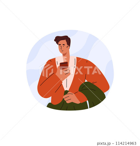 Man with tea enclosed in a vector round frame. Vector illustration. Man with tea enclosed in a vector round frame. Vector illustration. 114214963