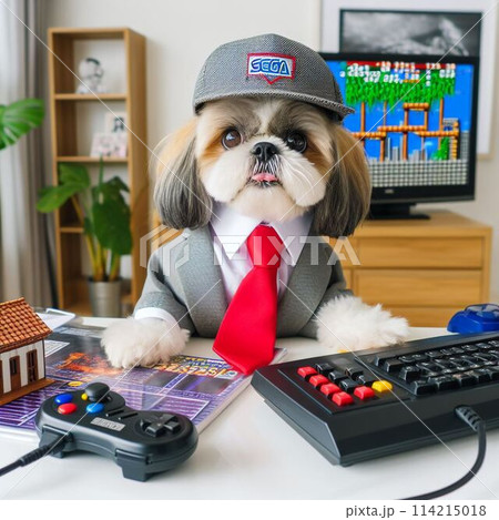 ゲームをするシーズー犬 114215018