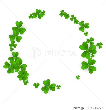 Realistic shamrock wreath. Round Clover frame. Green leaves floral garland. Trefoil border. Realistic shamrock wreath. Round Clover frame. Green leaves floral garland. Trefoil border. 114215773