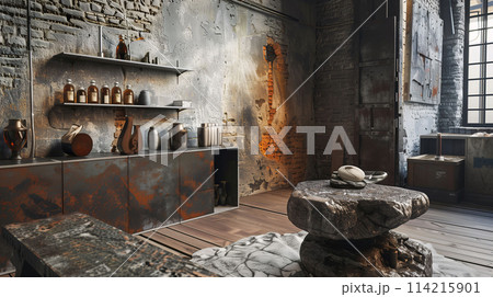 Industrial chic room featuring a rustic table, metal shelves, an Industrial chic room featuring a rustic table, metal shelves, an 114215901