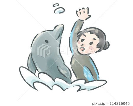 水族館の飼育員とイルカ 水族館の飼育員とイルカ 114216046