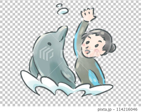 水族館の飼育員とイルカ 水族館の飼育員とイルカ 114216046