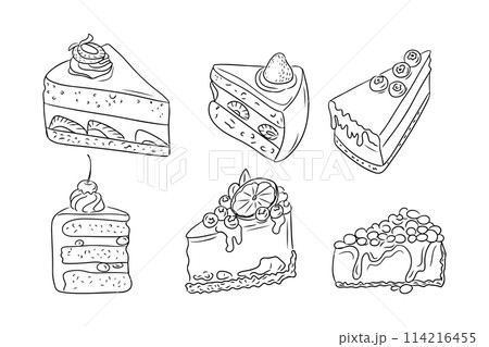 Doodle set of pieces of cakes for birthday or or other celebration. Monochrome black outline stickers. Collection of sketchy contour drawings isolated on white background 114216455