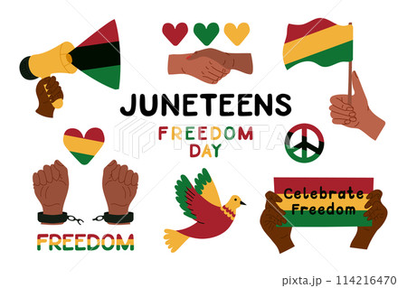 Juneteenth Freedom Day set of stickers in flat style isolated on white background. Vector hand drawn hands and symbols for black history month Juneteenth Freedom Day set of stickers in flat style isolated on white background. Vector hand drawn hands and symbols for black history month 114216470