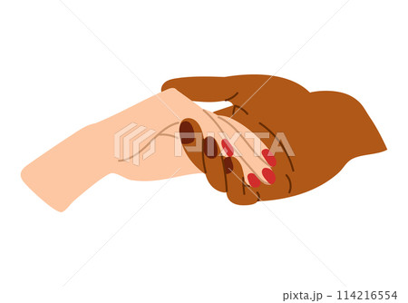 Two diverse hands of people touching each other in relationship. Love, trust, wedding, marriage concept. Vector flat hand drawn composition isolated on white background Two diverse hands of people touching each other in relationship. Love, trust, wedding, marriage concept. Vector flat hand drawn composition isolated on white background 114216554