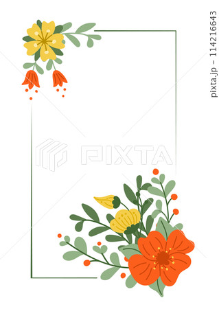 Floral flat greeting card template in kids pastel colors. Rectangle frame for wedding, anniversary and birthday digital card or banner. Modern abstract hand drawn flowers isolated on white background 114216643