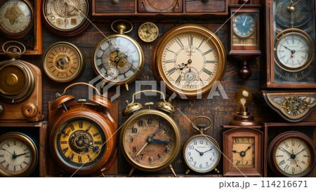 Collection of antique clocks symbolizing the concept of time and time management 114216671