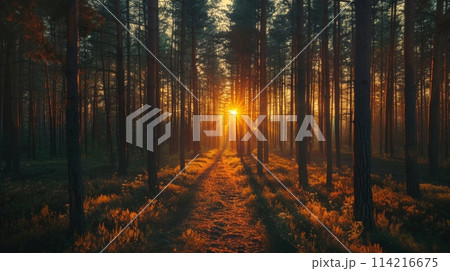 Captivating sunset filters through the tall pine trees of a serene forest 114216675