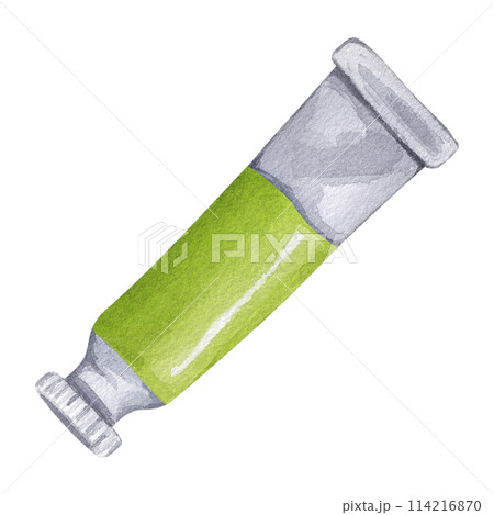 Paint tube green watercolor oil acrylic tempera gouache. Packaging art colors liquid pigments. Artist palette accessories. School supplies for drawing. Hand drawn illustration isolated background Paint tube green watercolor oil acrylic tempera gouache. Packaging art colors liquid pigments. Artist palette accessories. School supplies for drawing. Hand drawn illustration isolated background 114216870