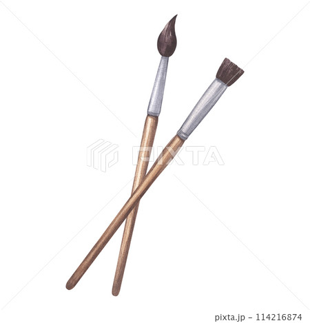 Paintbrushes artist's tool for coloring, flat and cone. Art accessories. School supplies. Wooden handle and synthetic or squirrel bristles. Hand drawn watercolor illustration isolated background 114216874