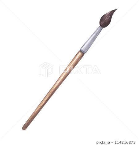 Paintbrush artist's tool for coloring. Art accessories. School supplies. Wooden handle and synthetic or squirrel bristles. Hand drawn watercolor illustration isolated background 114216875