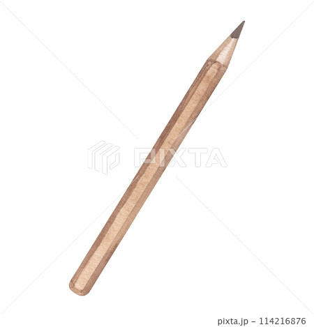 Simple black-graphite pencil for drawing, painting, and writing. Art accessories. School supplies. Wooden beige handle. Hand drawn watercolor illustration isolated background. For greeting card poster 114216876