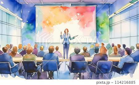 【商用利用可】観衆の前でプレゼンテーションをしているビジネスウーマンの水彩画 114216885
