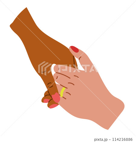 Holding each other two hands of married couple. Care, love, partnership, marriage concept. Vector flat hand drawn composition isolated on white background 114216886