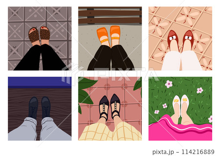 Travel blogger legs selfie. Feet in different places like home, beach, street, coworking, cafe, bathroom. Top view. Vector illustration EPS10 Travel blogger legs selfie. Feet in different places like home, beach, street, coworking, cafe, bathroom. Top view. Vector illustration EPS10 114216889