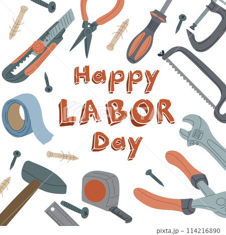 Happy Labor day greeting card. Flat vector illustration with tools for repairing or plumbing isolated on white background. Physical work concept Happy Labor day greeting card. Flat vector illustration with tools for repairing or plumbing isolated on white background. Physical work concept 114216890