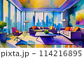 【商用利用可】高層マンションのペントハウスの中のリビングルームの水彩画 114216895