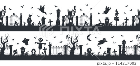 Cemetery view seamless borders. Spooky halloween creepy cemetery decorations, spooky grave stones, bats, scary trees and ghosts flat vector illustration set. Sinister landscape endless silhouettes Cemetery view seamless borders. Spooky halloween creepy cemetery decorations, spooky grave stones, bats, scary trees and ghosts flat vector illustration set. Sinister landscape endless silhouettes 114217002