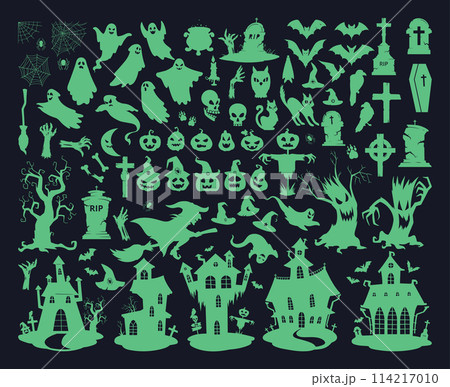 Halloween spooky elements. Creepy ghosts, pumpkins, gravestones, zombie hands and spooky trees flat vector illustration set. Halloween horror celebration silhouettes Halloween spooky elements. Creepy ghosts, pumpkins, gravestones, zombie hands and spooky trees flat vector illustration set. Halloween horror celebration silhouettes 114217010