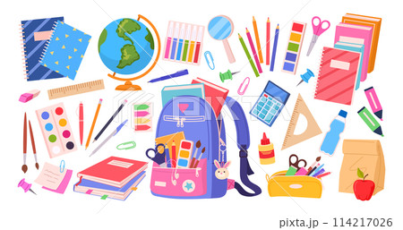 School supplies. Backpack with books, stationery and study supplies, ruler, pencil, calculator and globe flat vector illustration set. Back to school elements 114217026