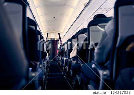 Passengers are sitting and sleeping on the plane. The interior of the aircraft with passengers sitting on the seats. The concept of travel, a selective approach. High quality photo Passengers are sitting and sleeping on the plane. The interior of the aircraft with passengers sitting on the seats. The concept of travel, a selective approach. High quality photo 114217028