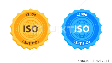 ISO 22000 Quality Management Certification Badge Gold and blue. Vector illustration ISO 22000 Quality Management Certification Badge Gold and blue. Vector illustration 114217071