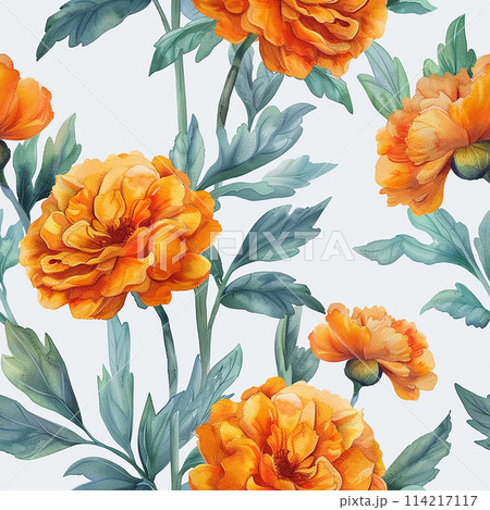 watercolor seamless pattern with orange marigold flowers. 114217117