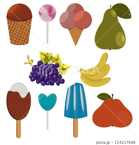 a set of illustrations of fruits, ice cream and lollipops a set of illustrations of fruits, ice cream and lollipops 114217686