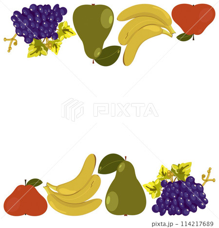 frame of pear, apple, banana branch and blue grapes illustration on a white background frame of pear, apple, banana branch and blue grapes illustration on a white background 114217689
