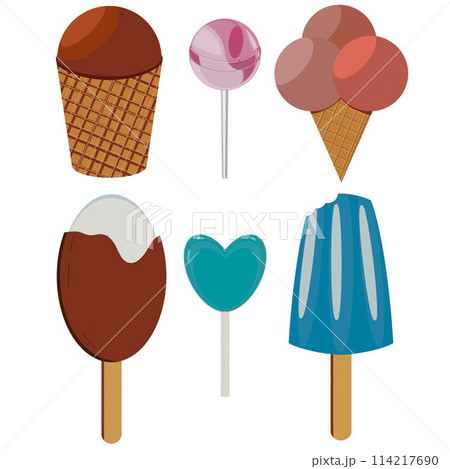 a set of ice cream on a stick, in a cone, for every taste, and lollipops drawn by hand a set of ice cream on a stick, in a cone, for every taste, and lollipops drawn by hand 114217690