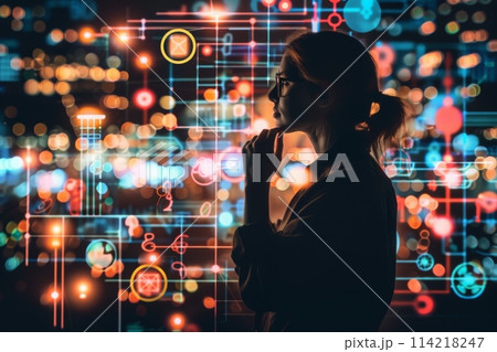 A woman standing confidently in front of a colorful abstract background, exuding creativity and energy. 114218247