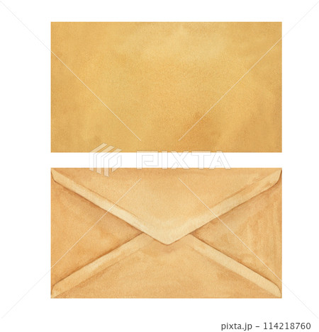 Old mailing empty envelope made of beige parchment paper from a vintage writing set. Watercolor illustration for a template for Book Day, History Knowledge Day, antique store, calligrapher 114218760