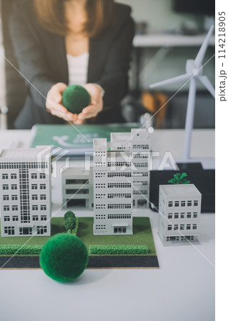 Eco business company meeting with group of business people using laptop to plan strategy and discuss marketing of eco-friendly and clean energy products. Green business company concept. Trailblazing 114218905