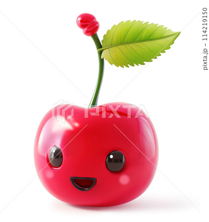 Animated cherry with a big smile and single leaf on white background 114219150