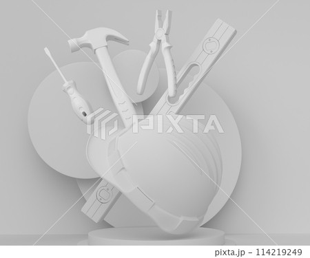 Abstract scene or podium with carpenters tools on monochrome background Abstract scene or podium with carpenters tools on monochrome background 114219249